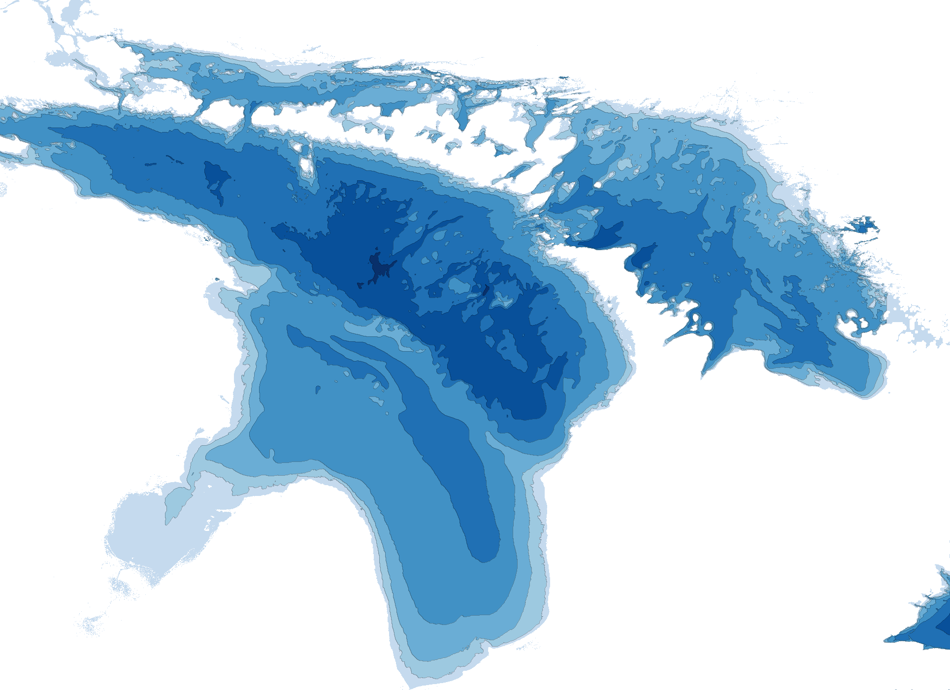 Bathymetry map of Lake Huron with its Michigan bays marked