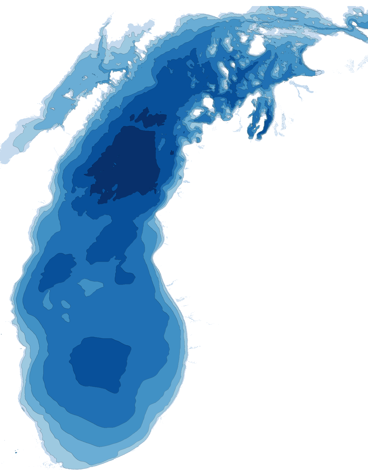 Bathymetry map of Lake Michigan with its Michigan bays marked