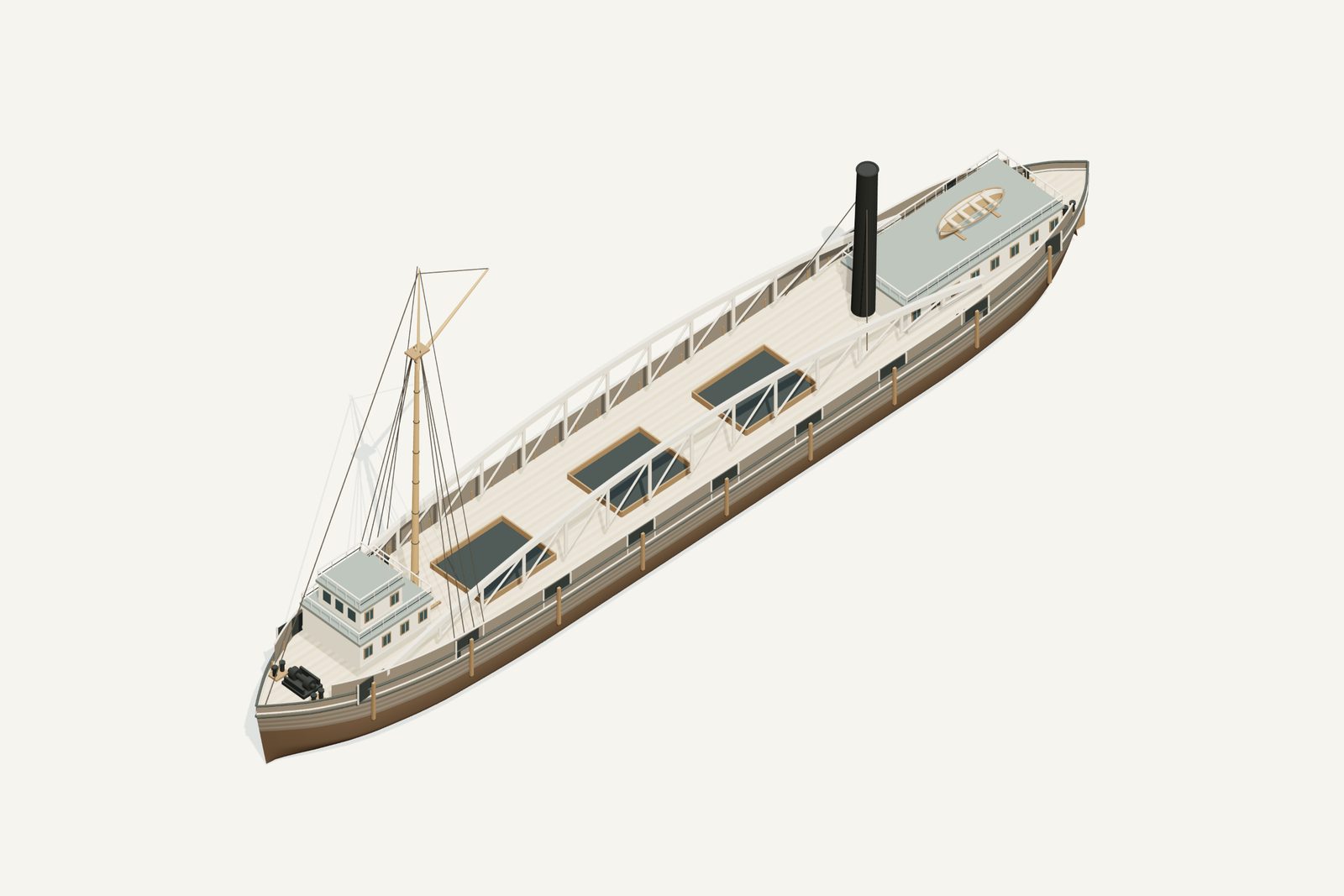 B.W. Blanchard reconstruction, deck view, rendered from the 3D model