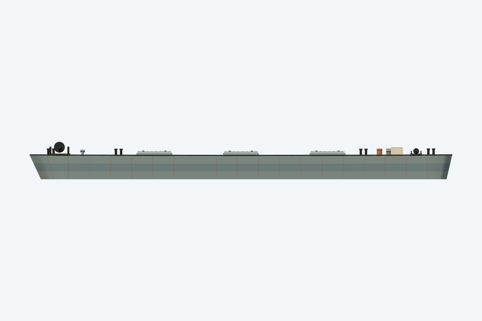 Barge No. 012 reconstruction, broadside view, rendered from the 3D model