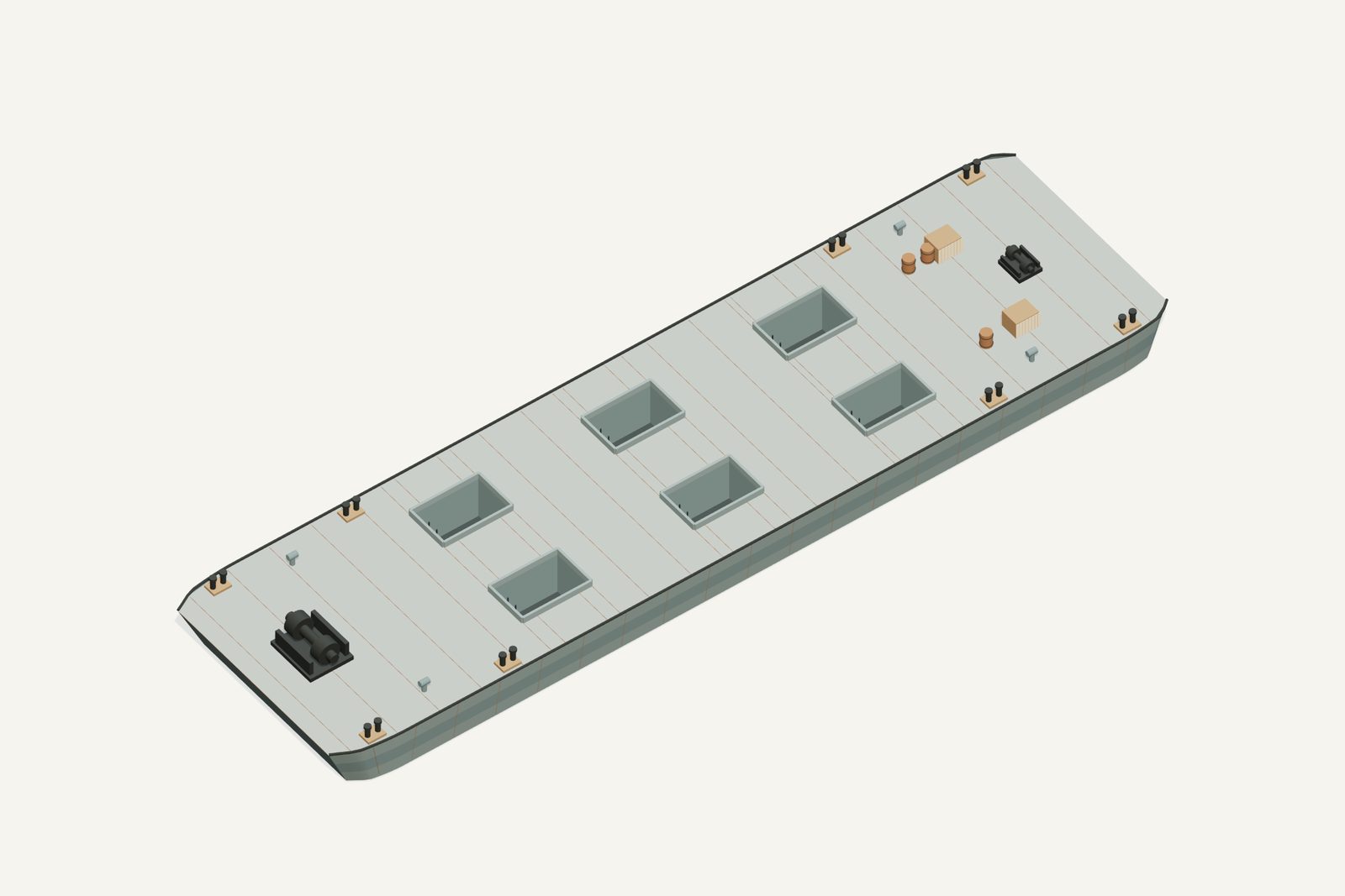Barge No. 012 reconstruction, deck view, rendered from the 3D model
