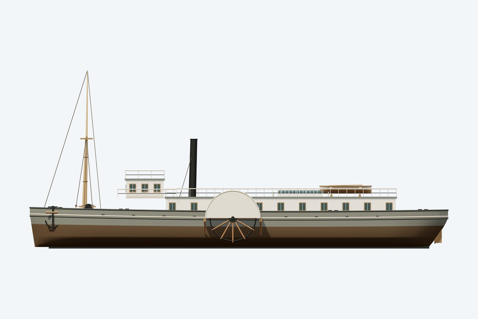 Benjamin Franklin reconstruction, broadside view, rendered from the 3D model