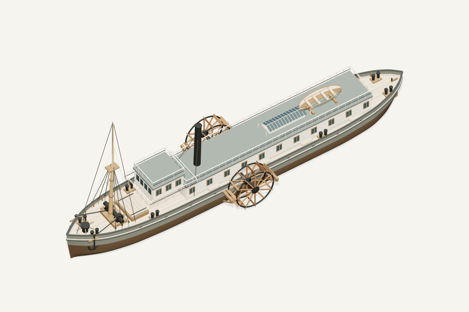 Benjamin Franklin reconstruction, deck view, rendered from the 3D model