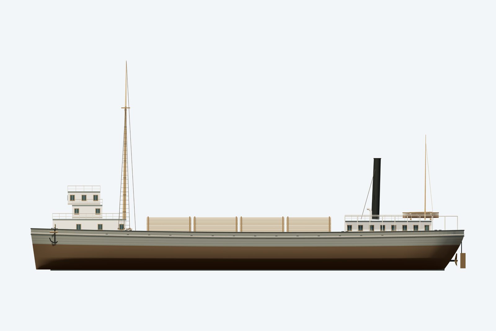 Charles H. Bradley reconstruction, broadside view, rendered from the 3D model