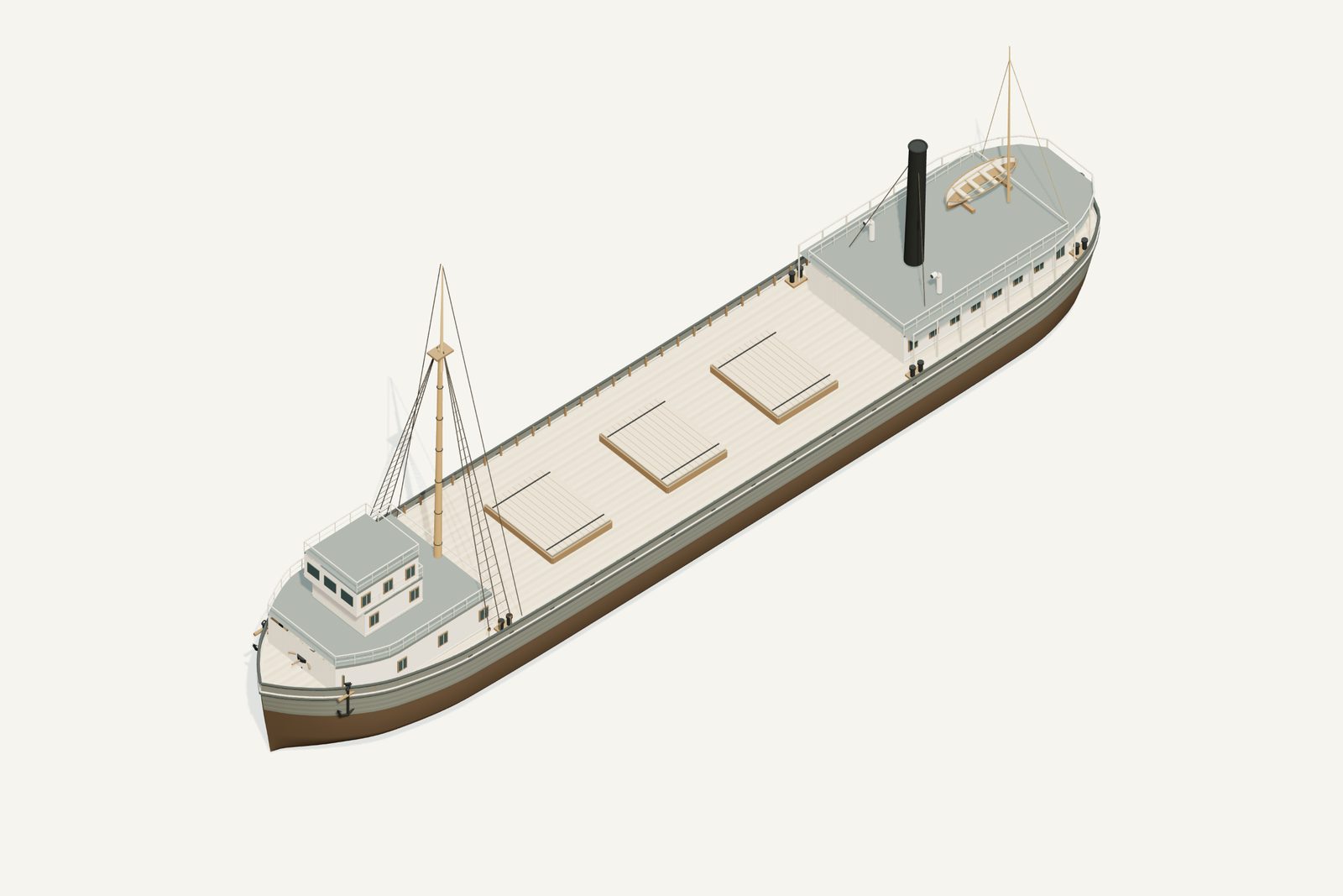 Charles H. Bradley reconstruction, deck view, rendered from the 3D model