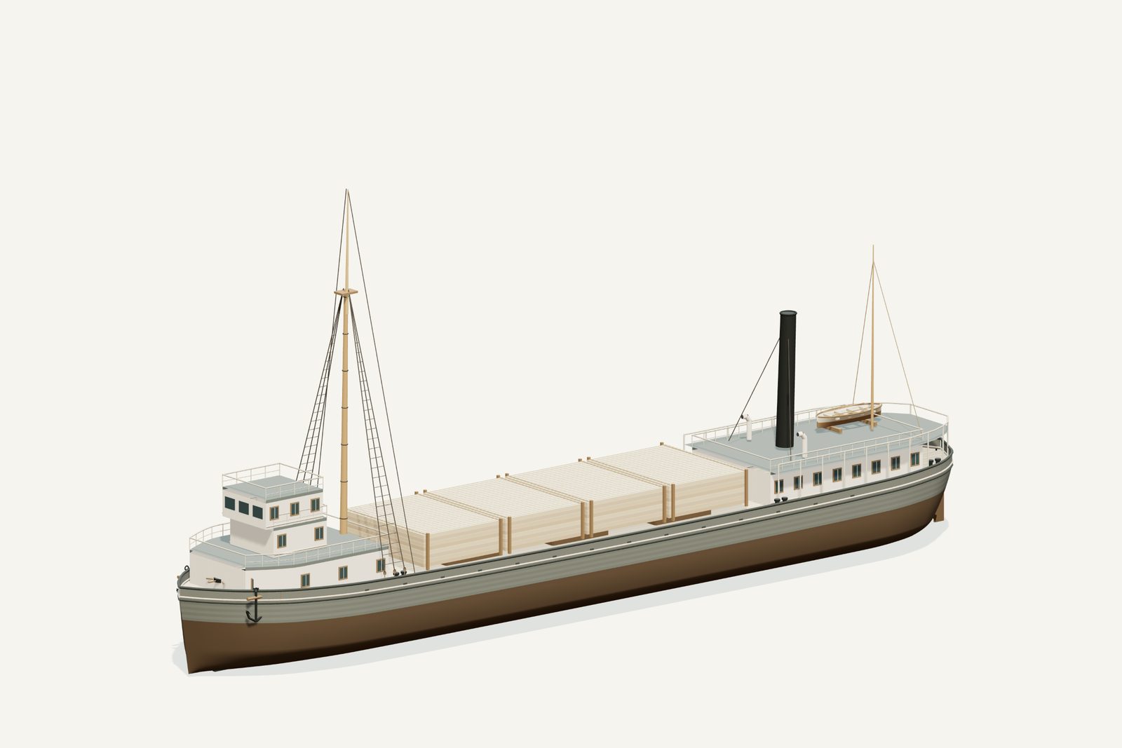 Charles H. Bradley reconstruction, three quarter view, rendered from the 3D model
