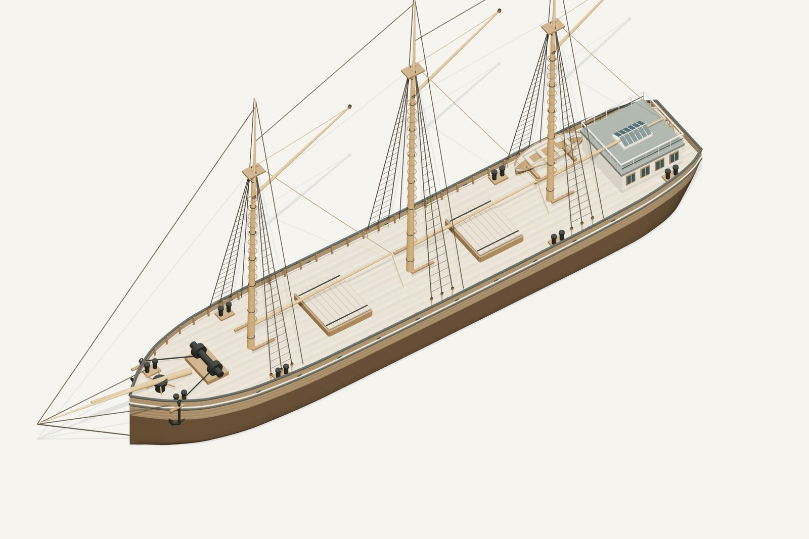E.B. Palmer reconstruction, deck view, rendered from the 3D model