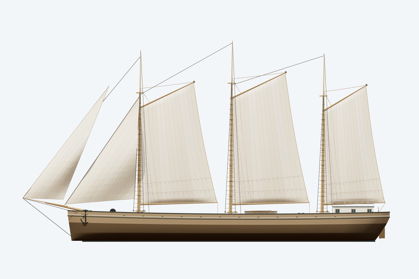 Elma reconstruction, broadside view, rendered from the 3D model