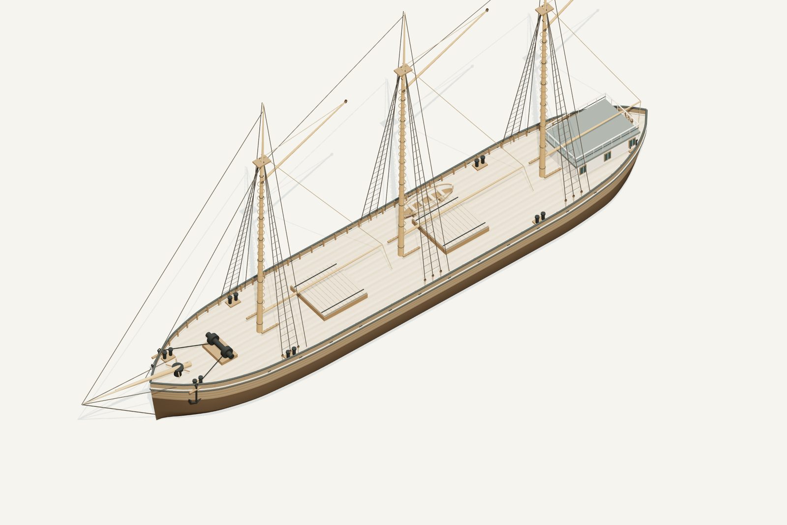 Elma reconstruction, deck view, rendered from the 3D model