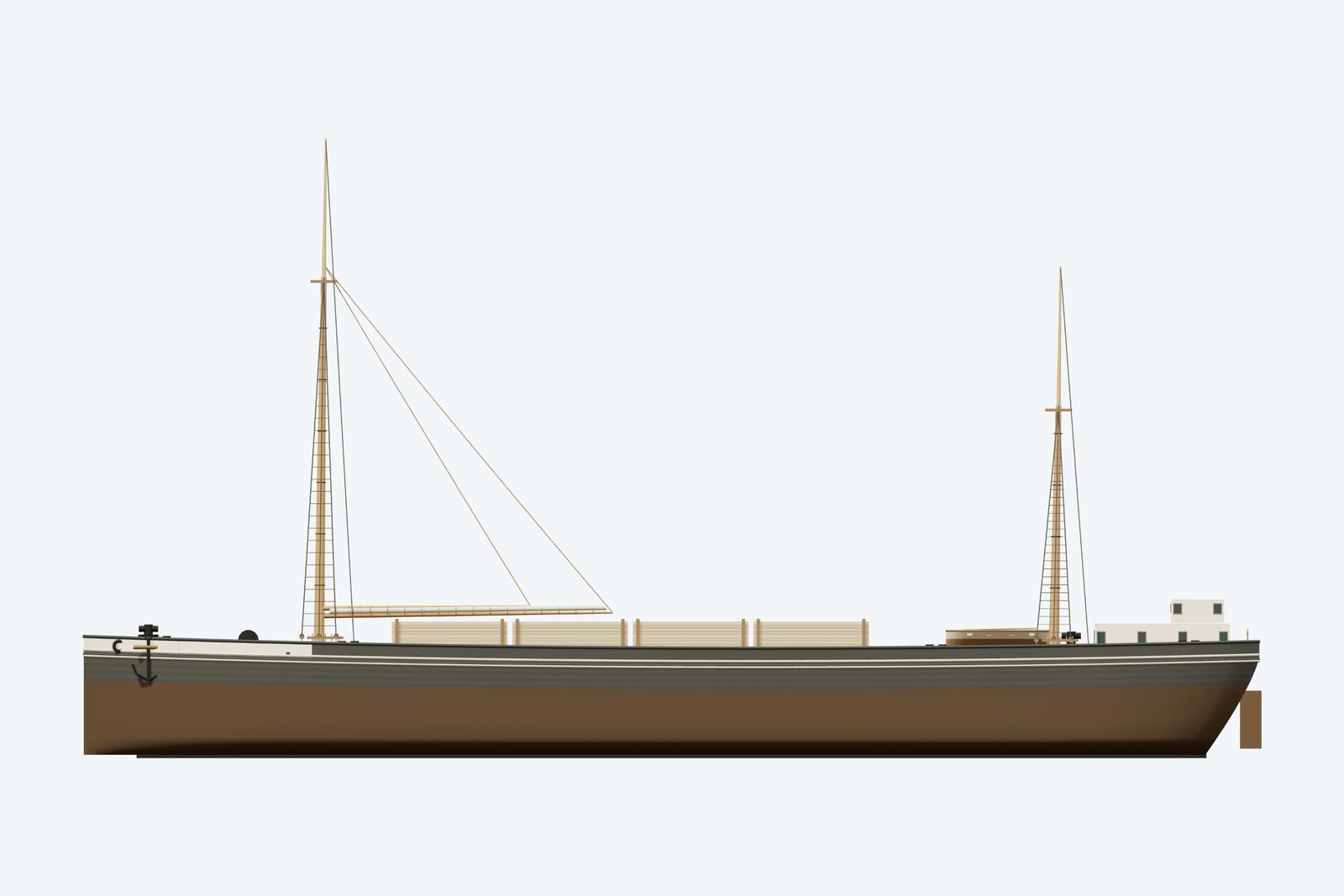 Goshawk reconstruction, broadside view, rendered from the 3D model