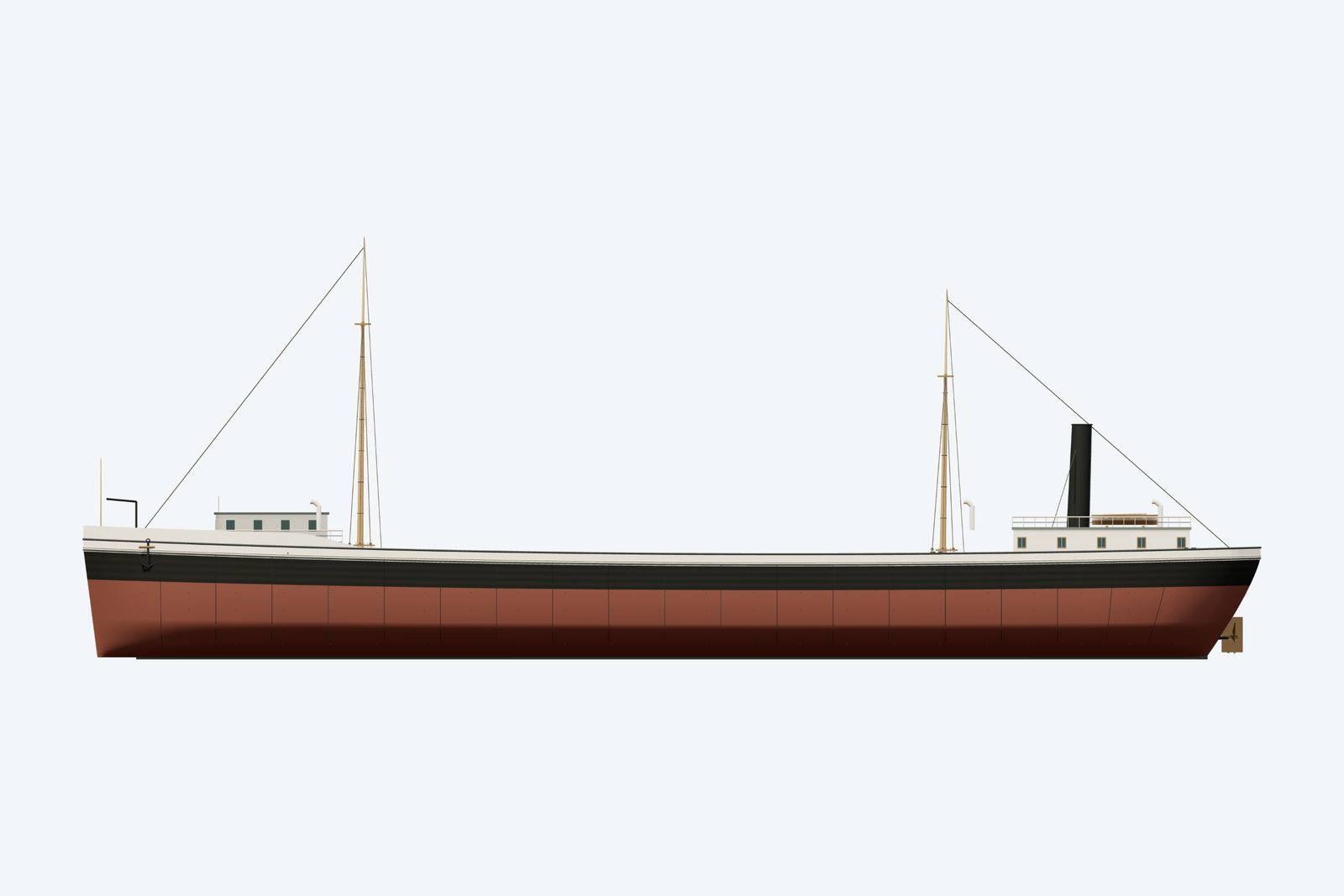 Grecian reconstruction, broadside view, rendered from the 3D model