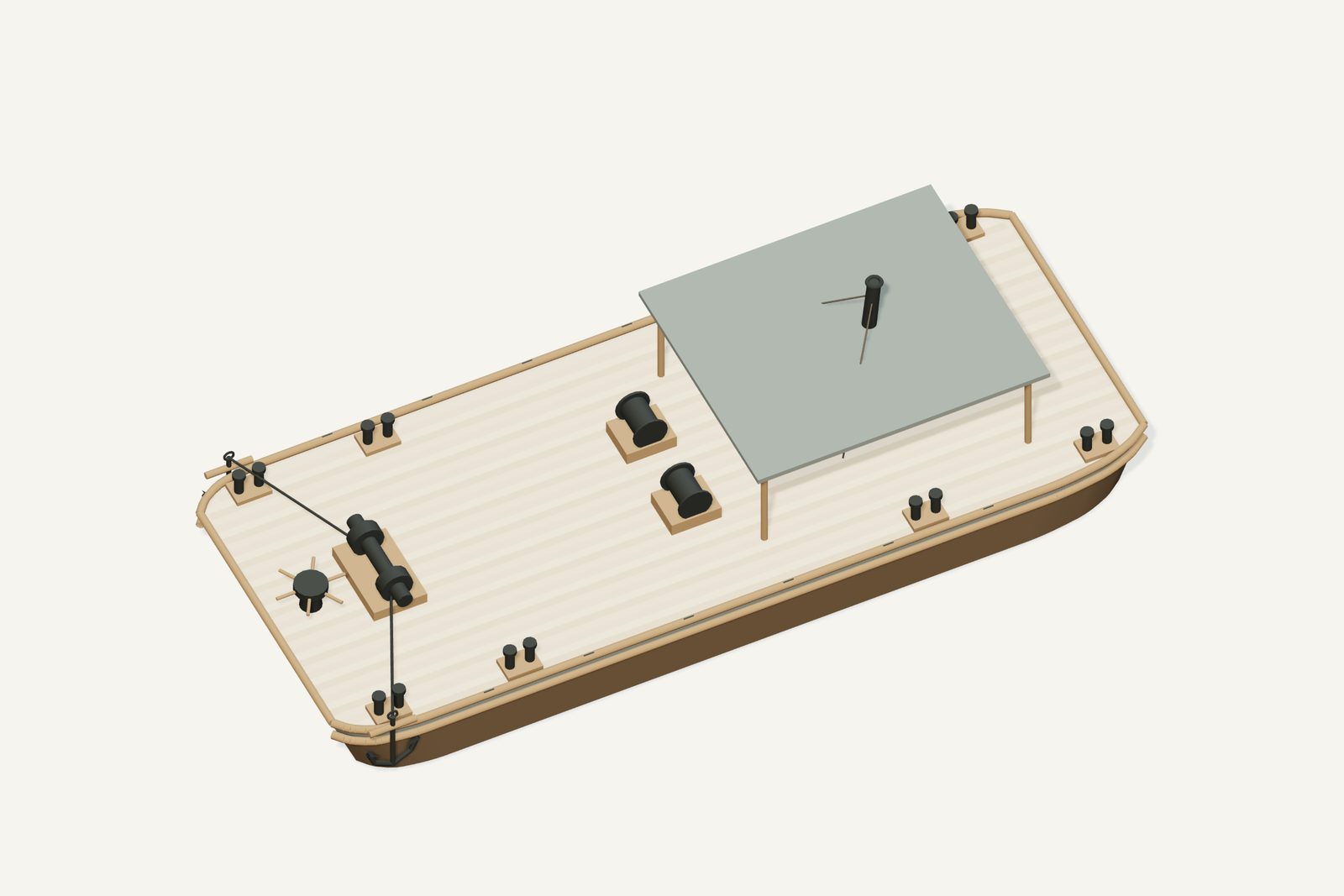 Haltiner's Barge reconstruction, deck view, rendered from the 3D model