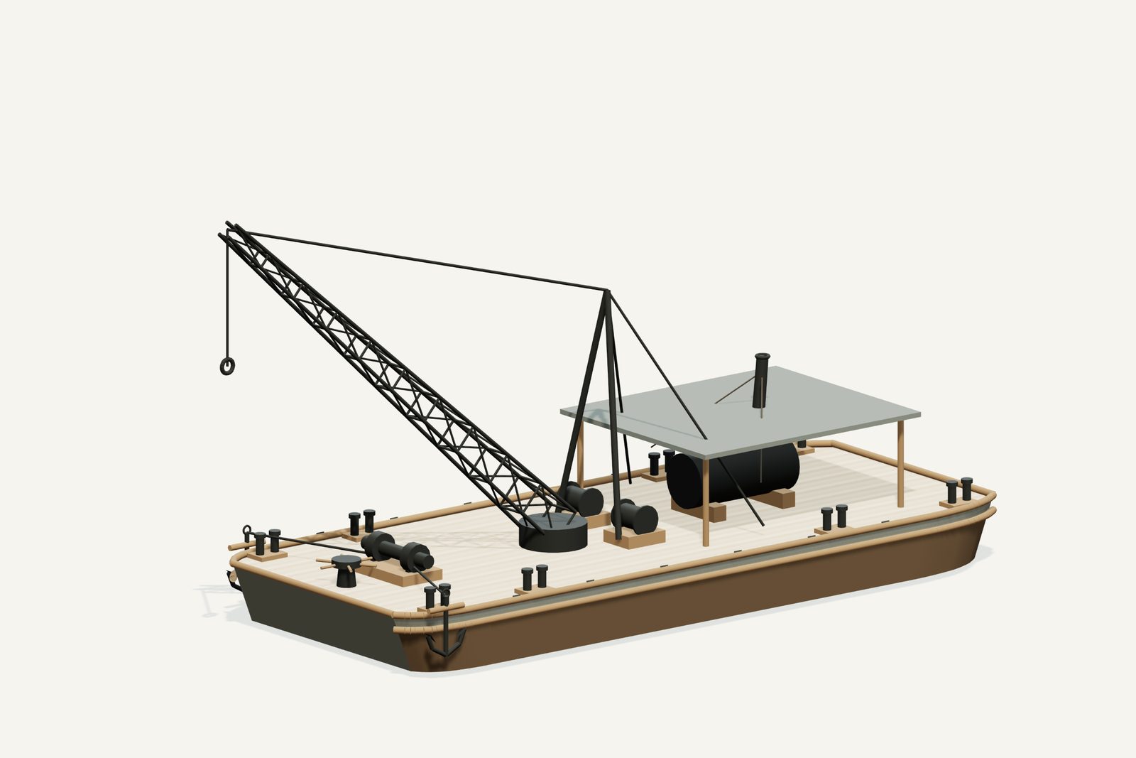 Haltiner's Barge reconstruction, three quarter view, rendered from the 3D model