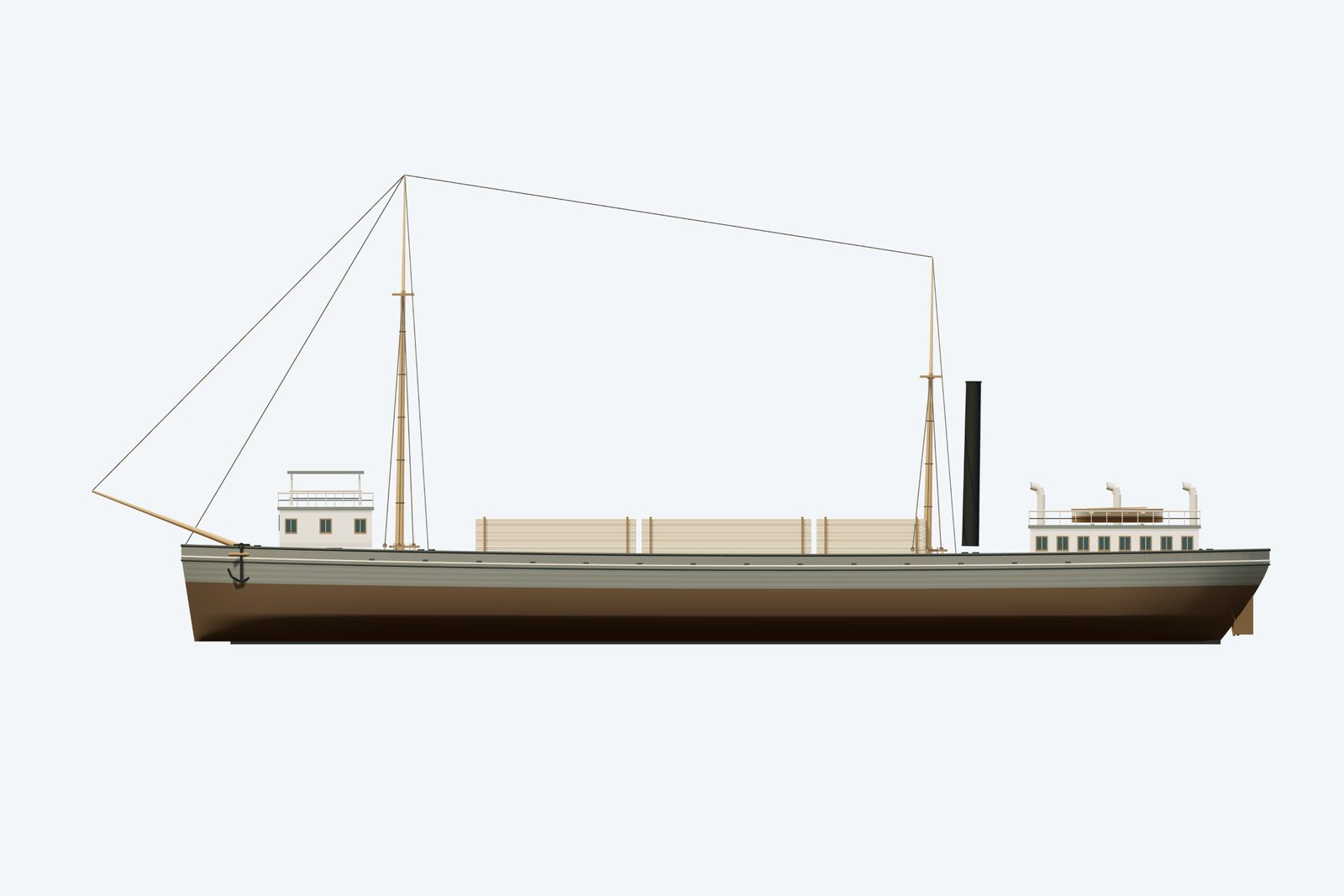 Herman H. Hettler reconstruction, broadside view, rendered from the 3D model