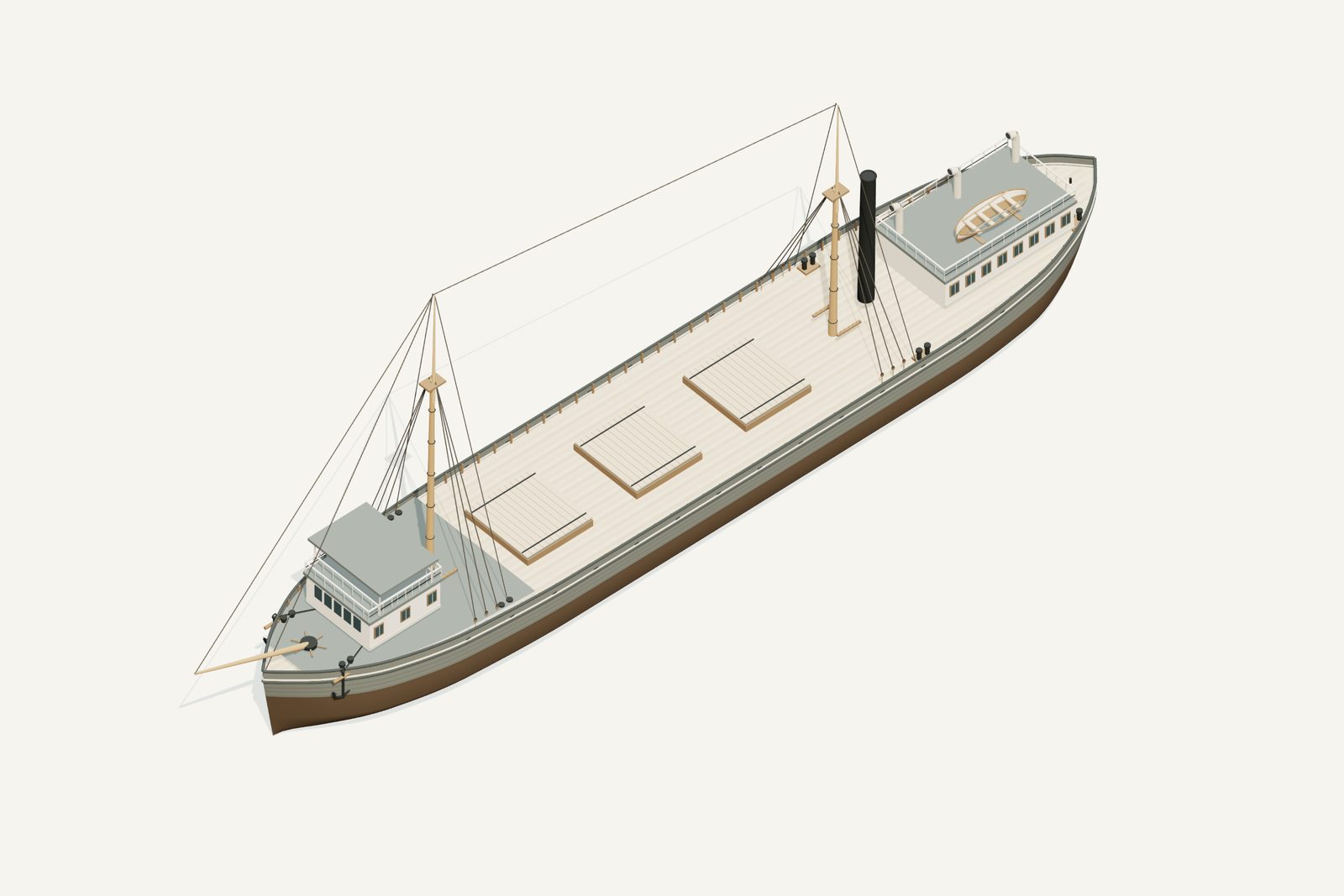 Herman H. Hettler reconstruction, deck view, rendered from the 3D model