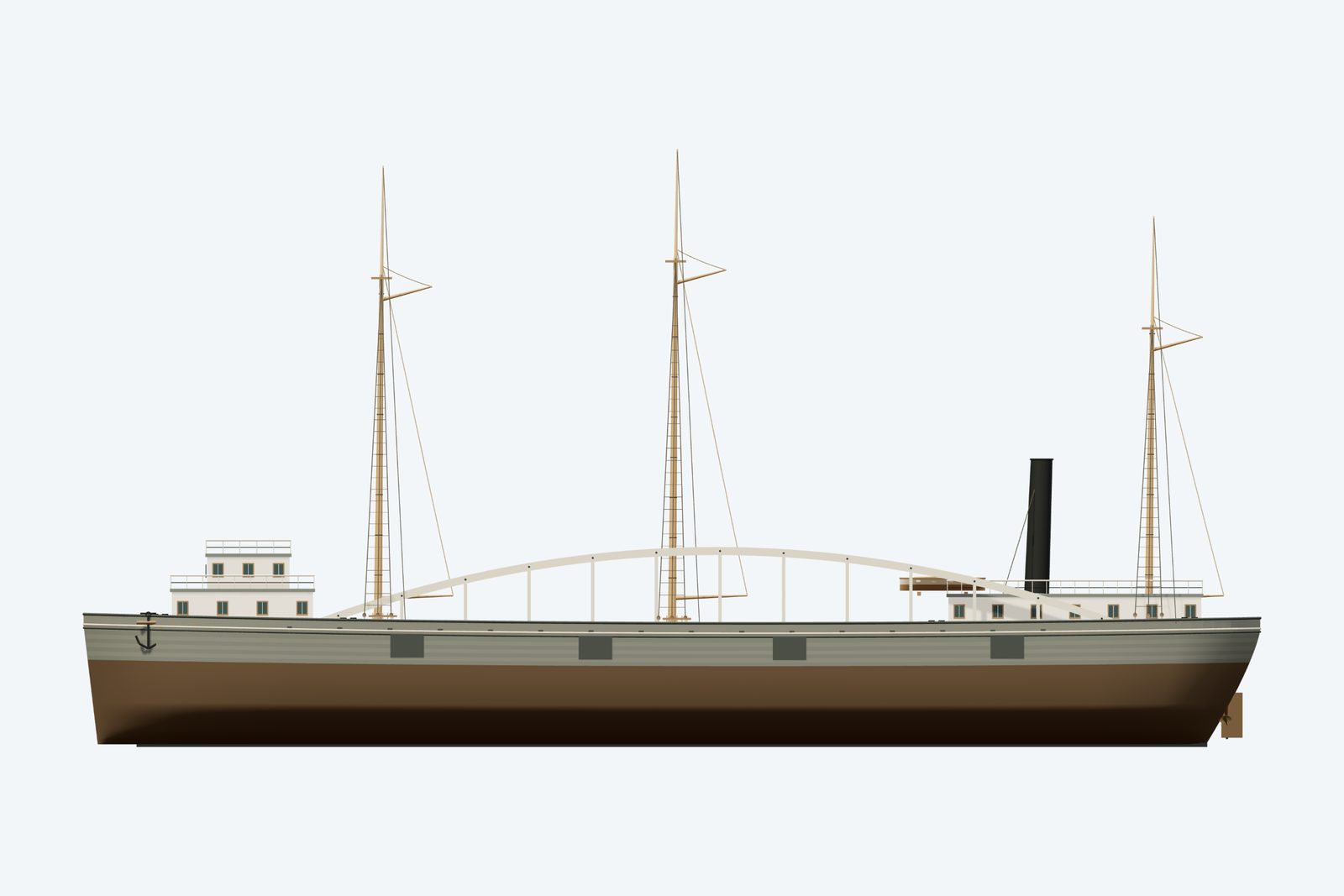 James Davidson reconstruction, broadside view, rendered from the 3D model