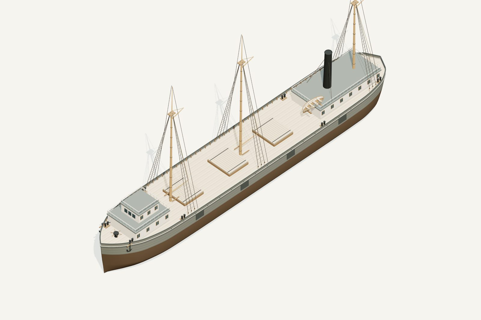 James Davidson reconstruction, deck view, rendered from the 3D model