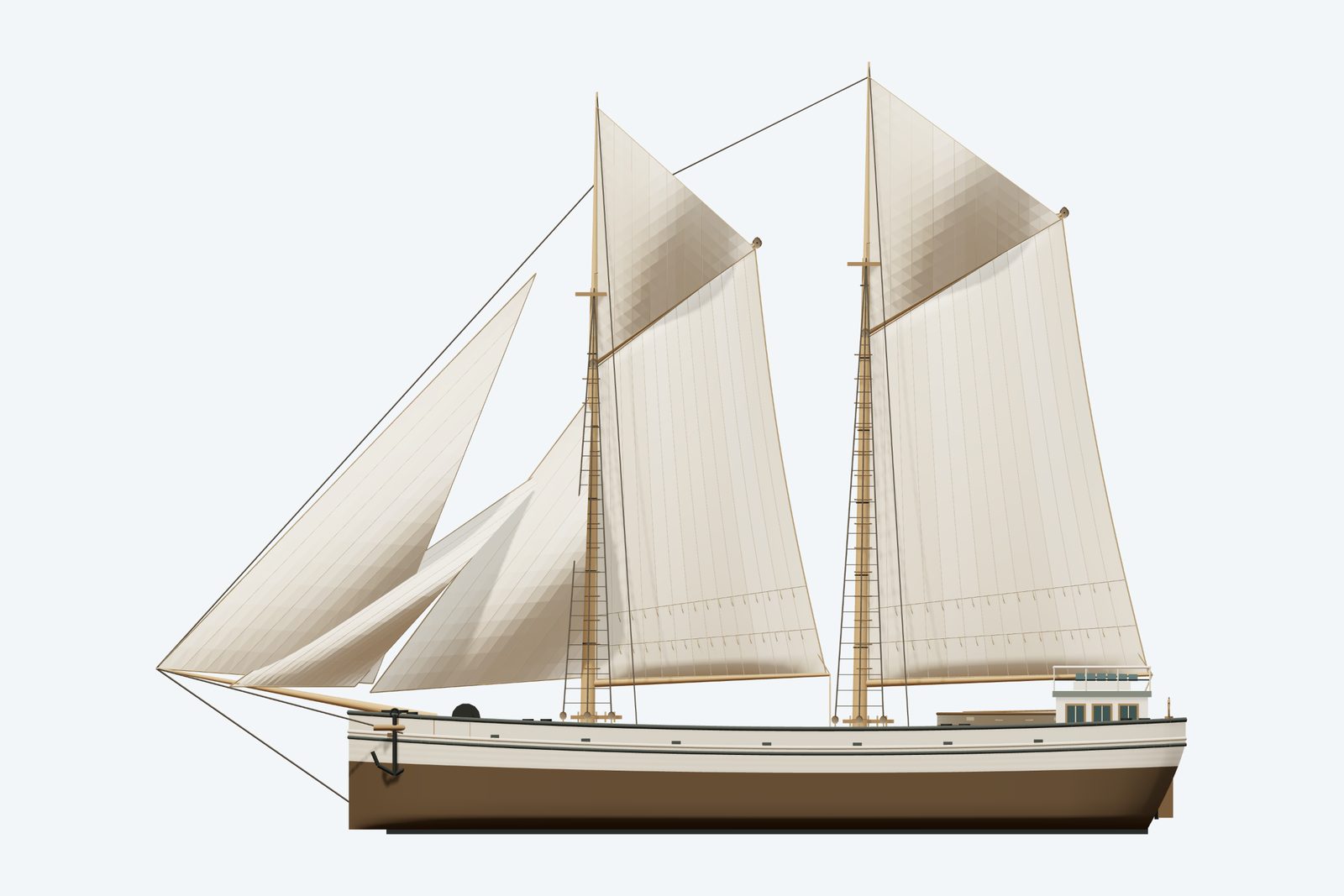 James H. Hall reconstruction, broadside view, rendered from the 3D model