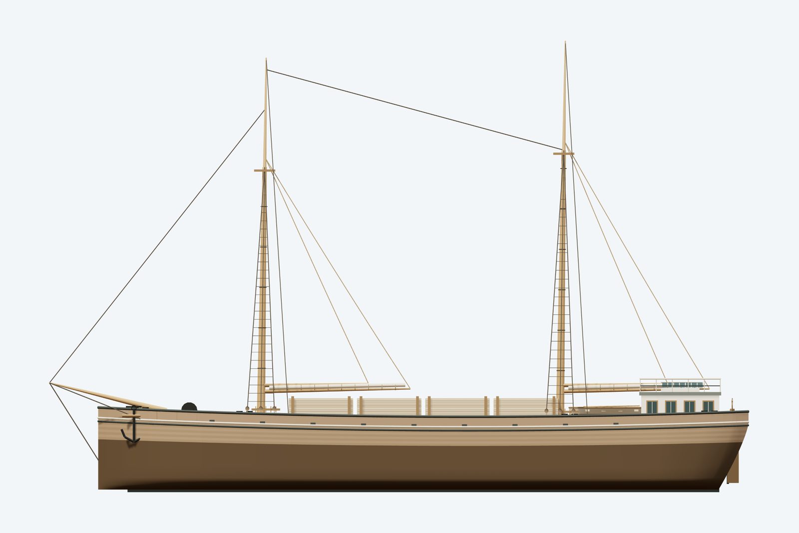 John F. Warner reconstruction, broadside view, rendered from the 3D model