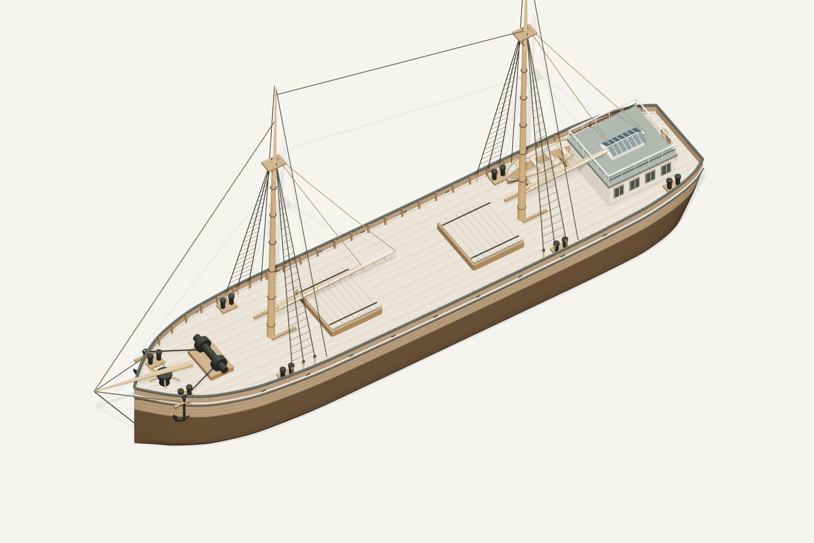 John F. Warner reconstruction, deck view, rendered from the 3D model
