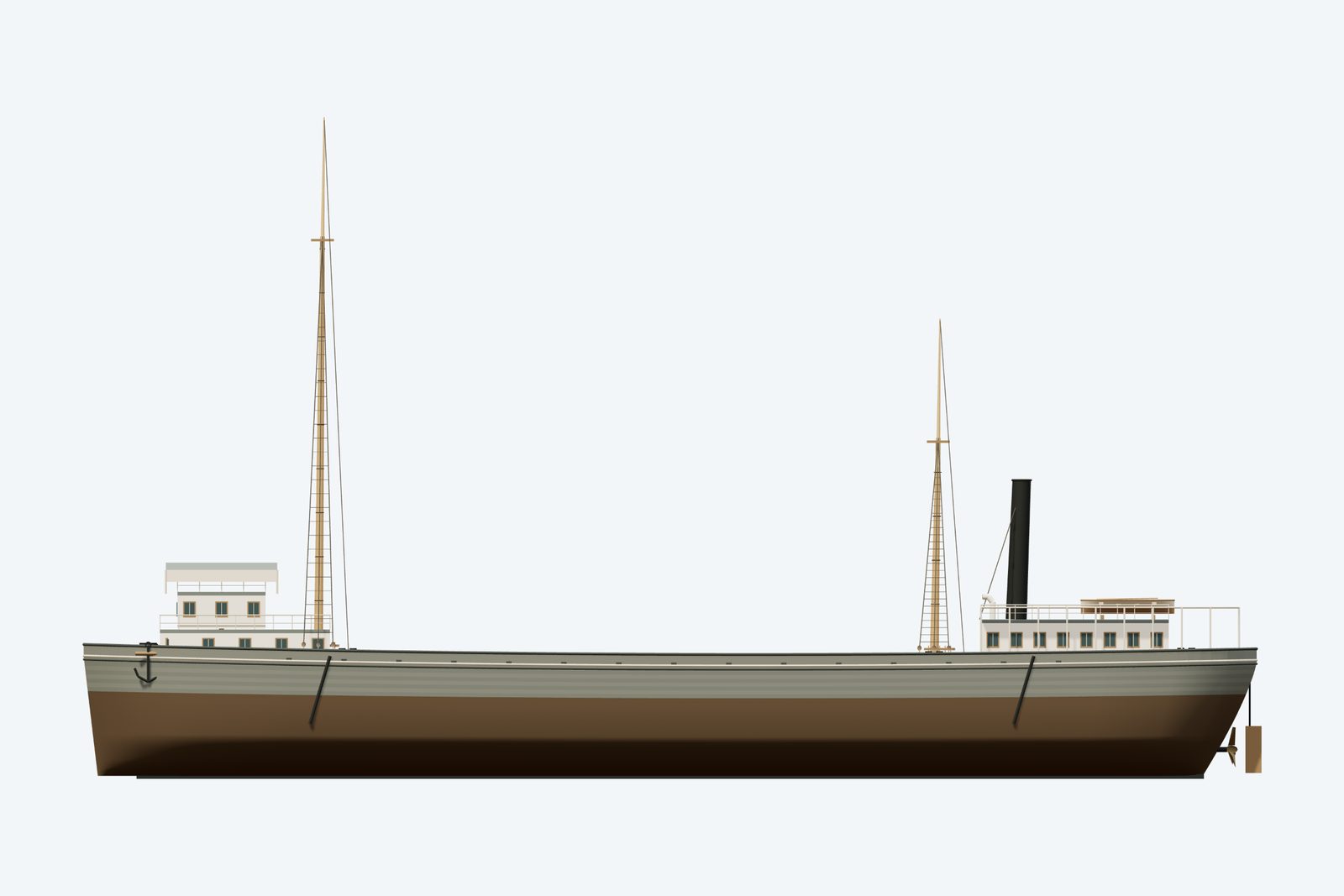 M.M. Drake reconstruction, broadside view, rendered from the 3D model
