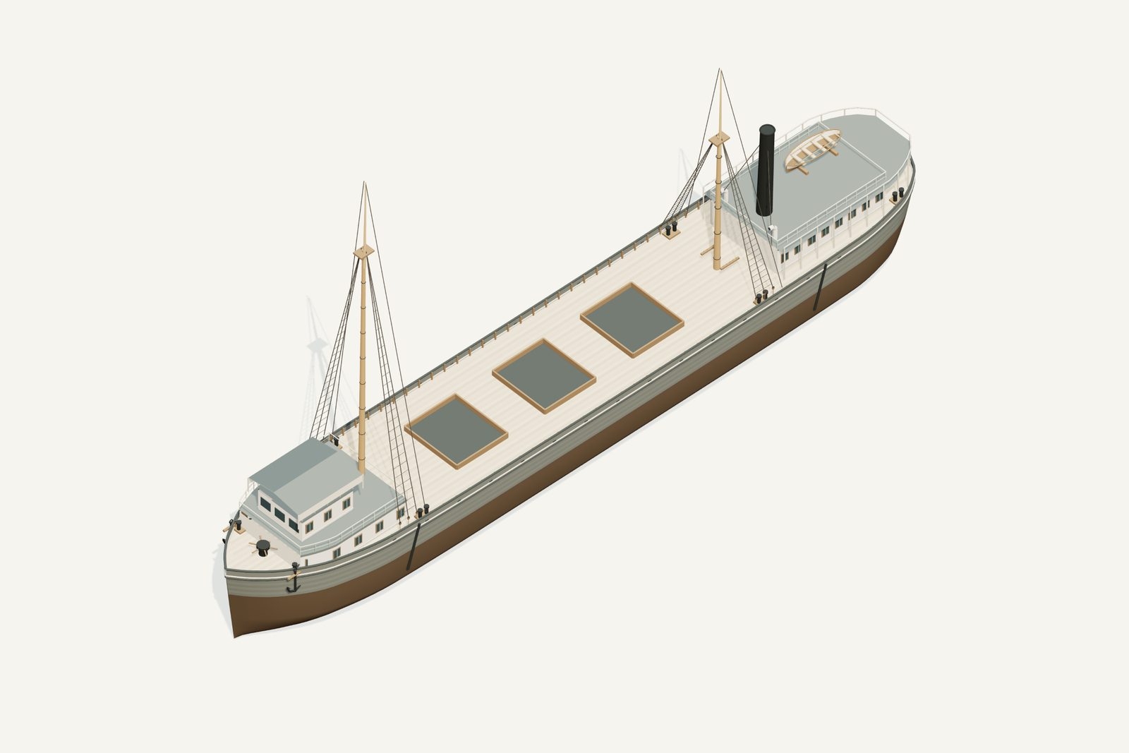 M.M. Drake reconstruction, deck view, rendered from the 3D model
