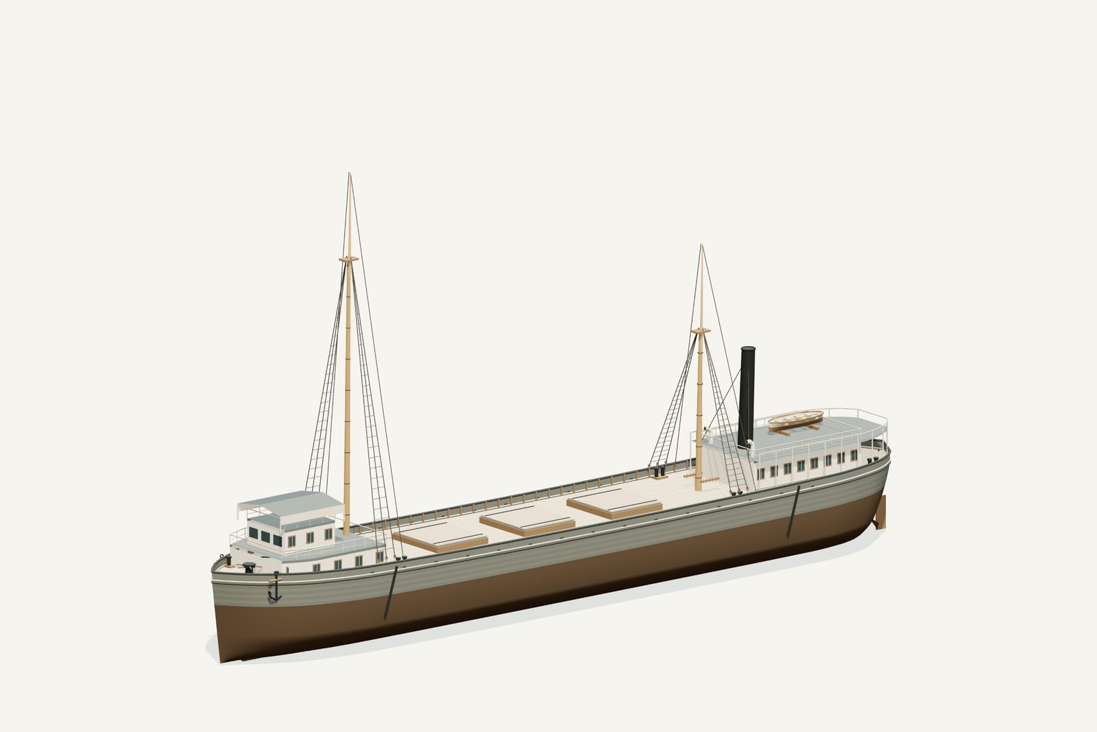 M.M. Drake reconstruction, three quarter view, rendered from the 3D model