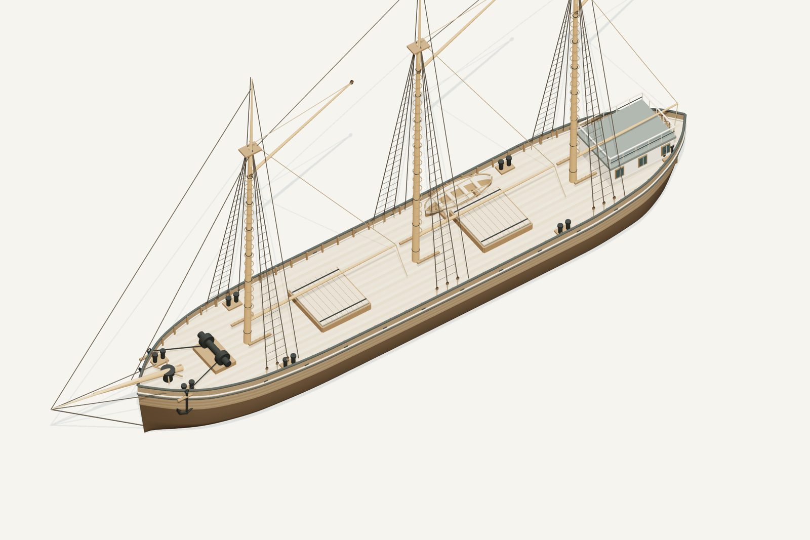 Marquette reconstruction, deck view, rendered from the 3D model