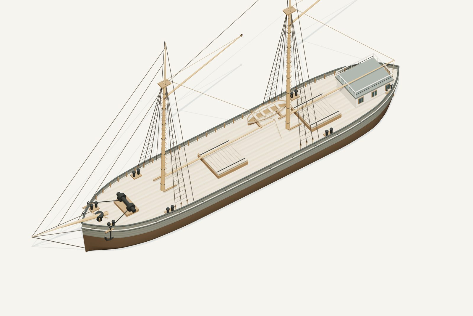 Mary M. Scott reconstruction, deck view, rendered from the 3D model