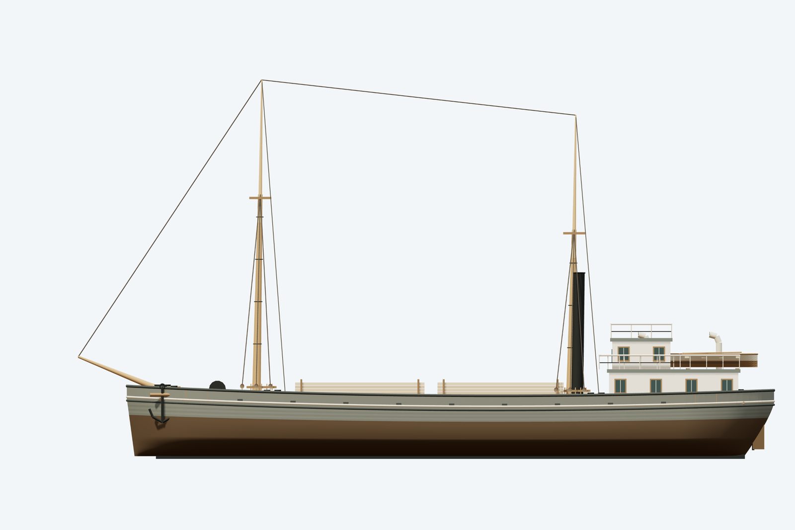 Michael Groh reconstruction, broadside view, rendered from the 3D model