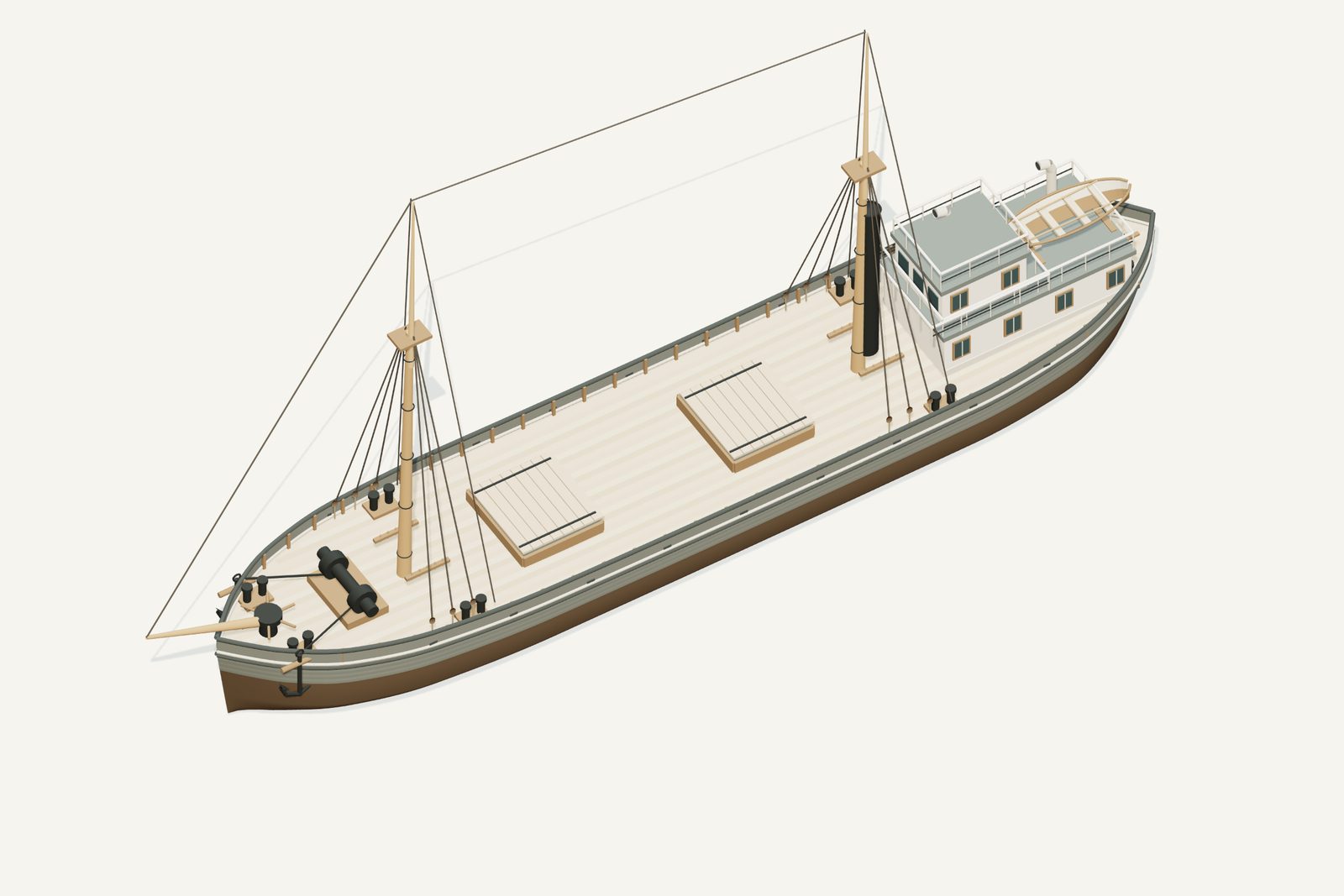 Michael Groh reconstruction, deck view, rendered from the 3D model