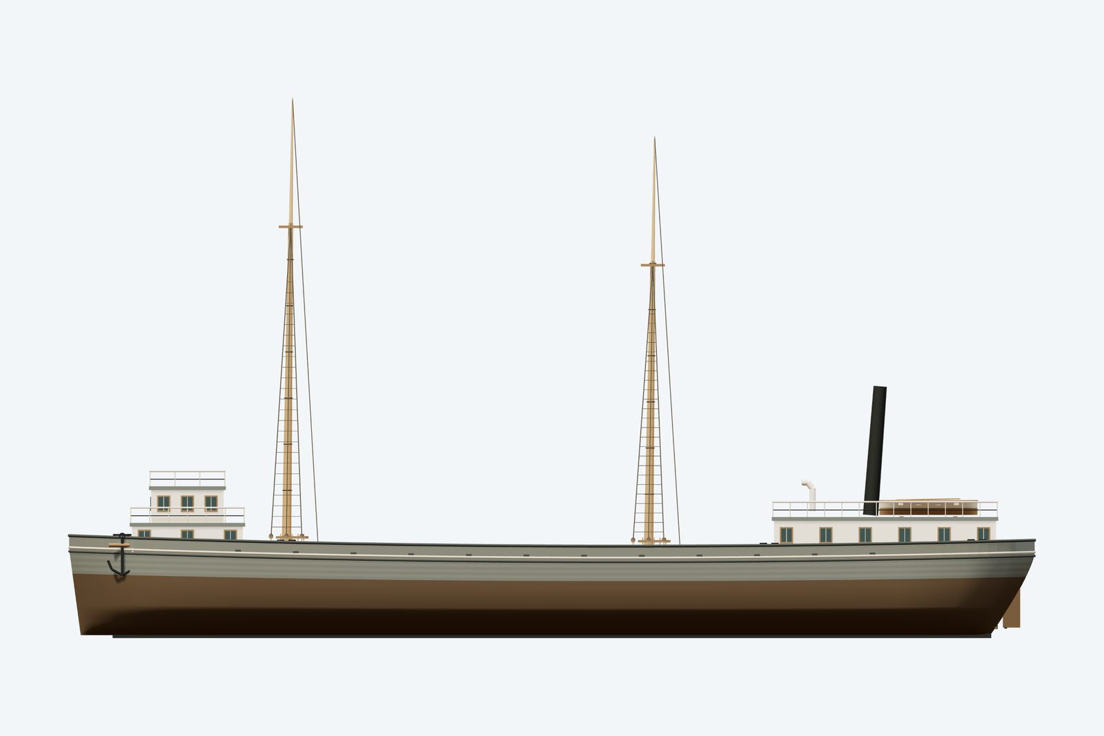 Monohansett reconstruction, broadside view, rendered from the 3D model
