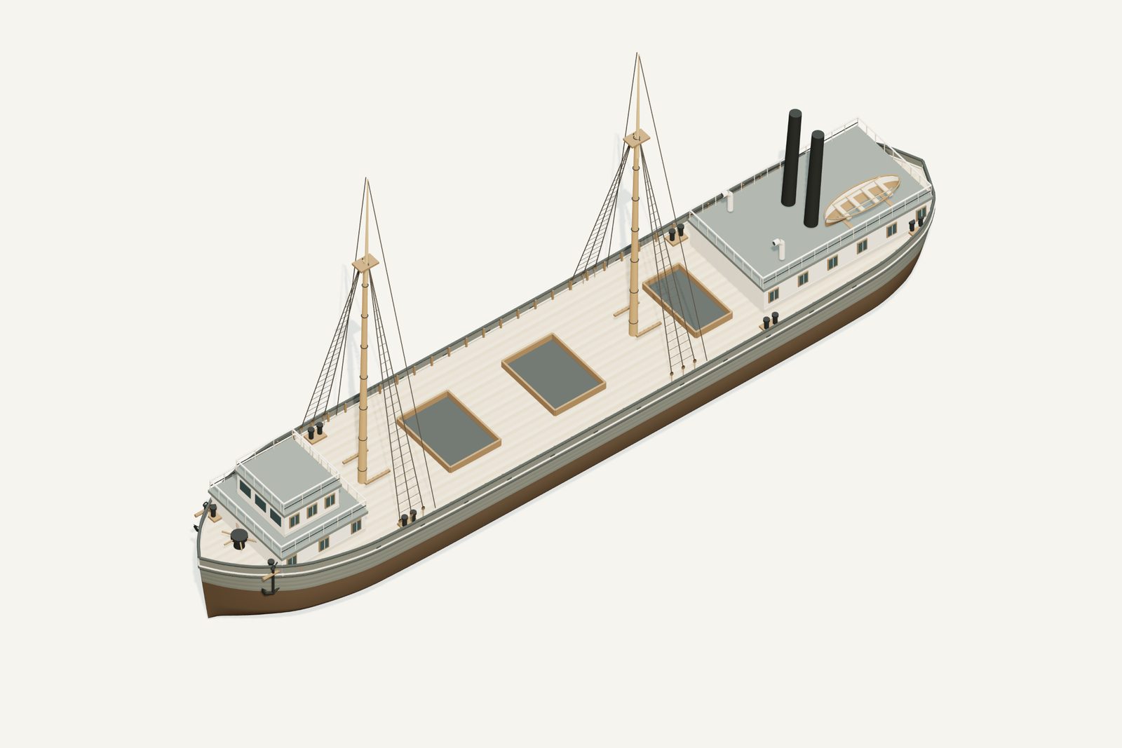 Monohansett reconstruction, deck view, rendered from the 3D model