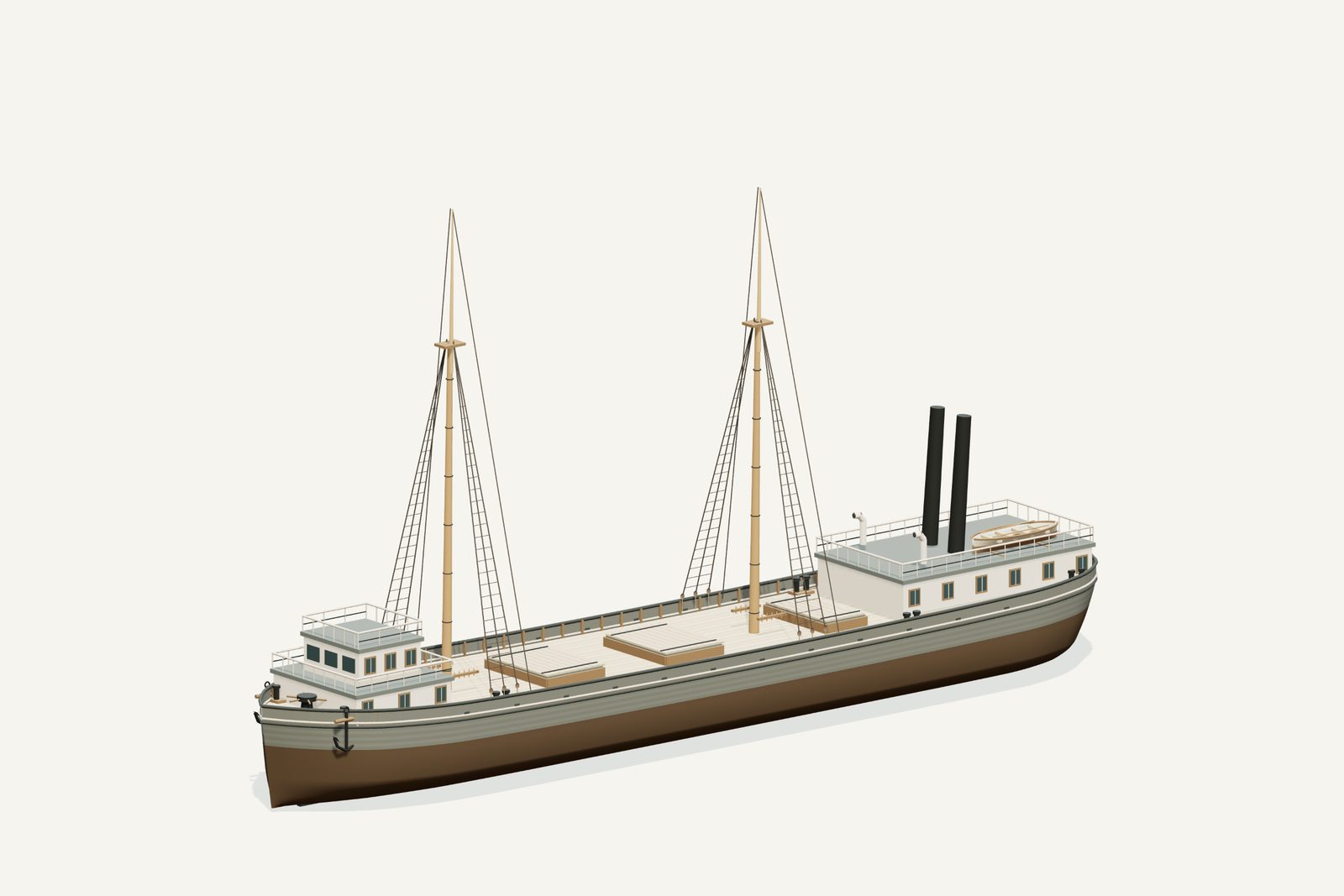 Monohansett reconstruction, three quarter view, rendered from the 3D model