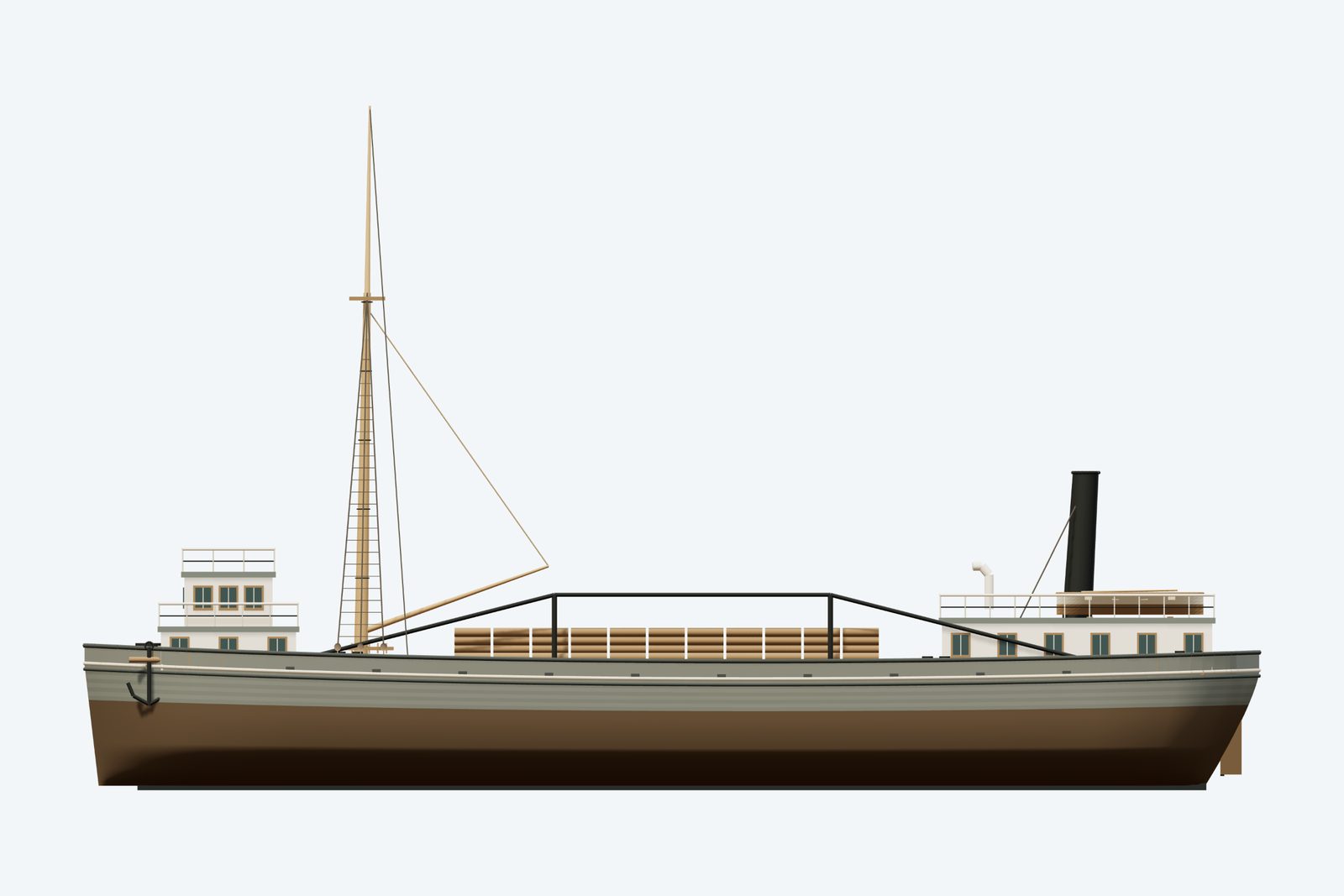 O.E. Parks reconstruction, broadside view, rendered from the 3D model