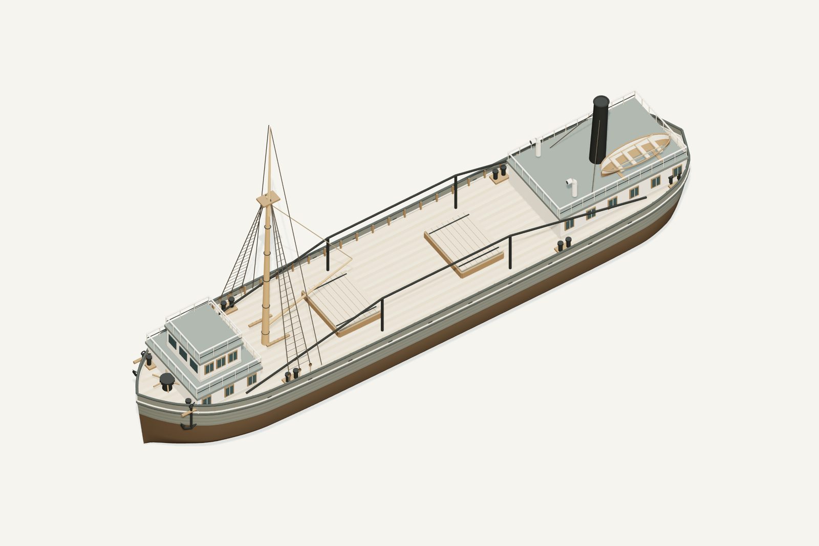 O.E. Parks reconstruction, deck view, rendered from the 3D model
