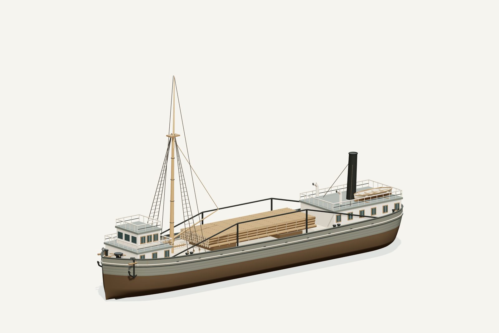 O.E. Parks reconstruction, three quarter view, rendered from the 3D model