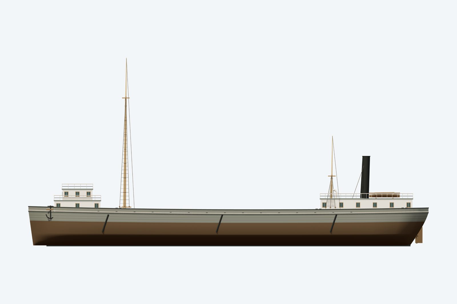Oscar T. Flint reconstruction, broadside view, rendered from the 3D model