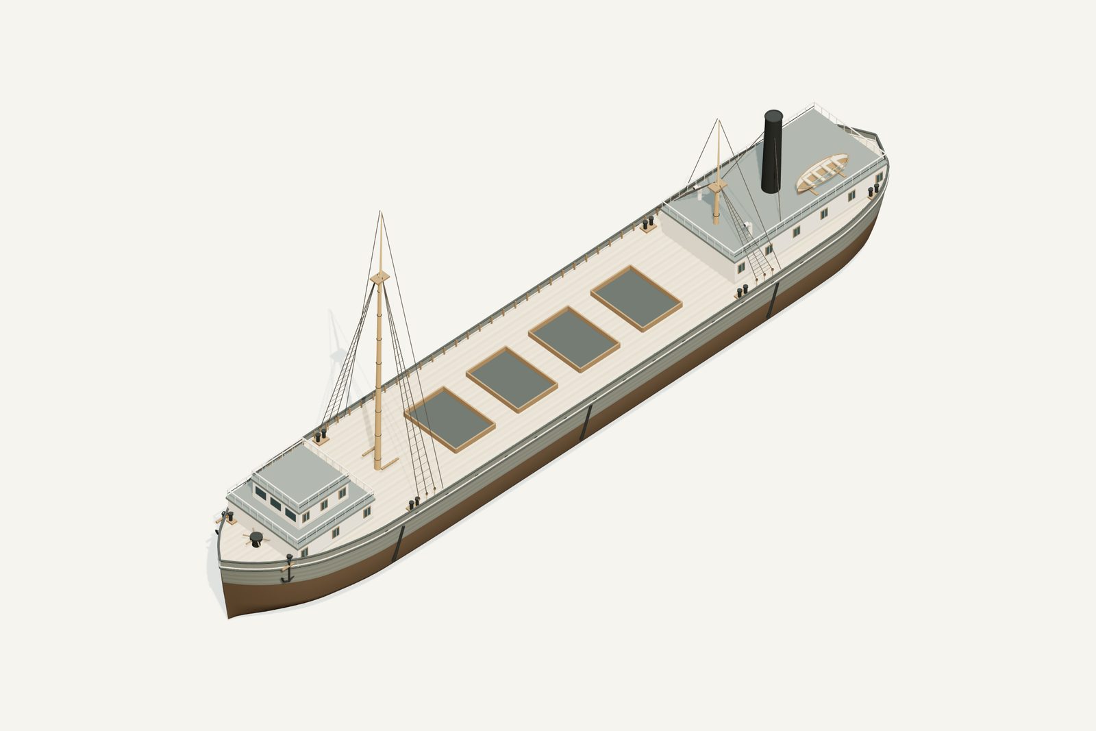 Oscar T. Flint reconstruction, deck view, rendered from the 3D model