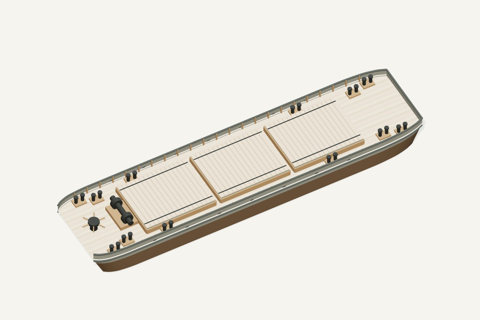 "Shale Scow" reconstruction, deck view, rendered from the 3D model