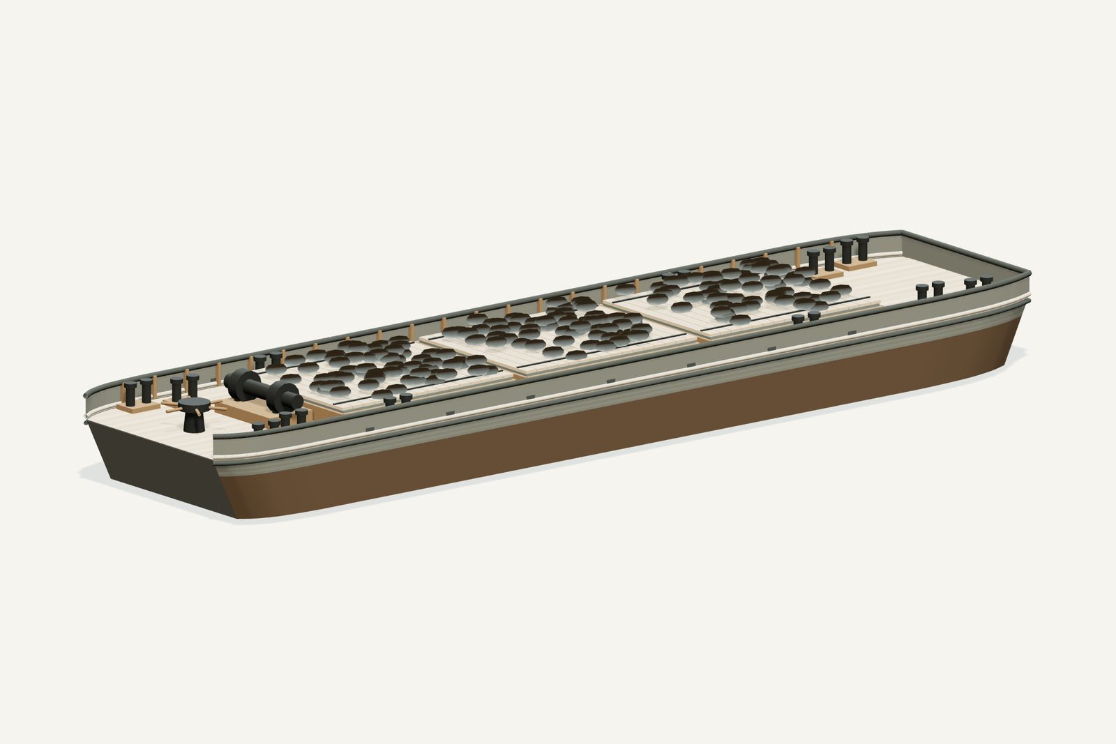 "Shale Scow" reconstruction, three quarter view, rendered from the 3D model