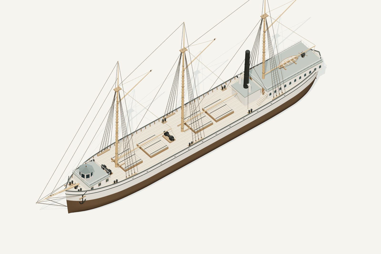 Smith Moore reconstruction, deck view, rendered from the 3D model