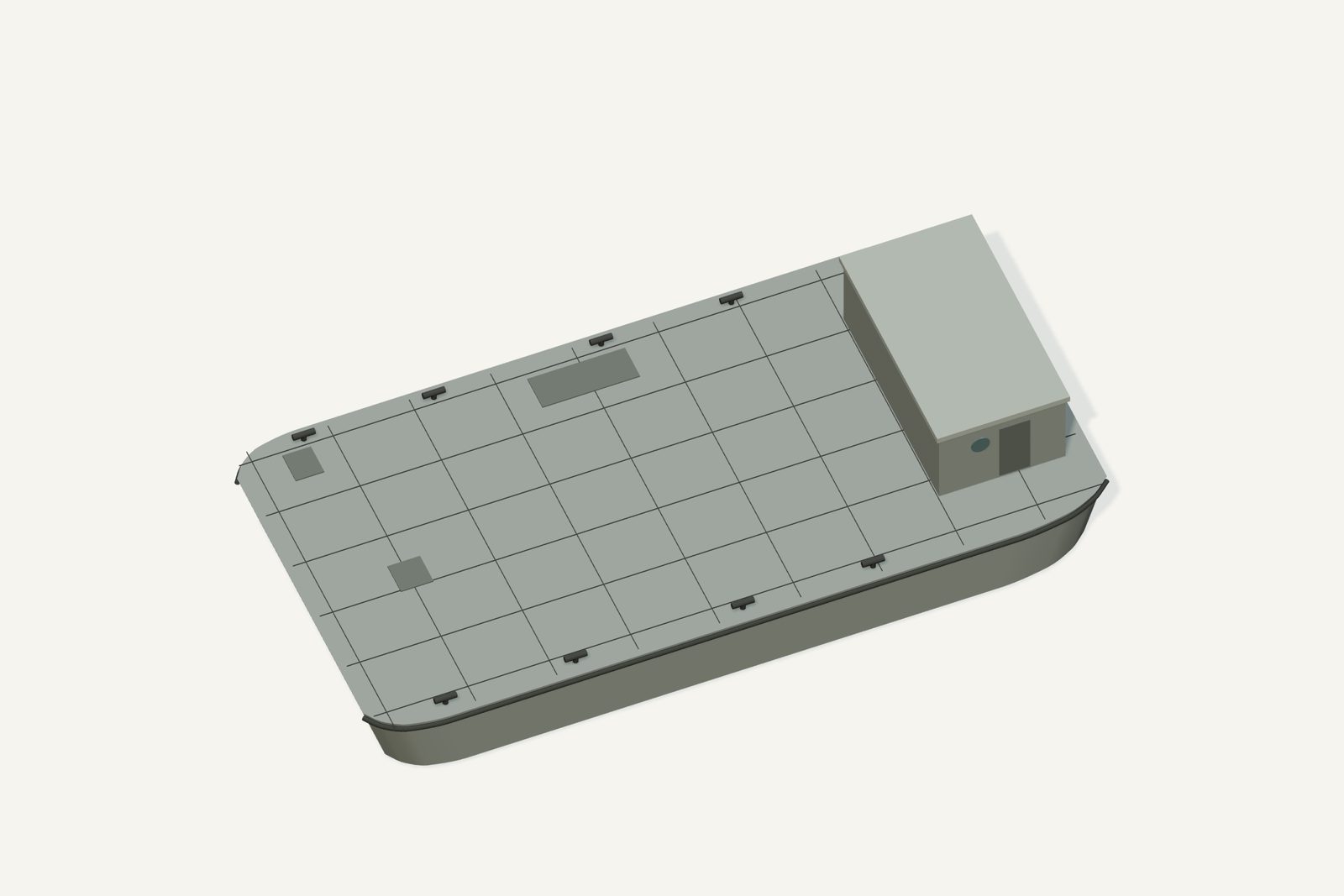 Steel barge aka Carbide Barge reconstruction, deck view, rendered from the 3D model