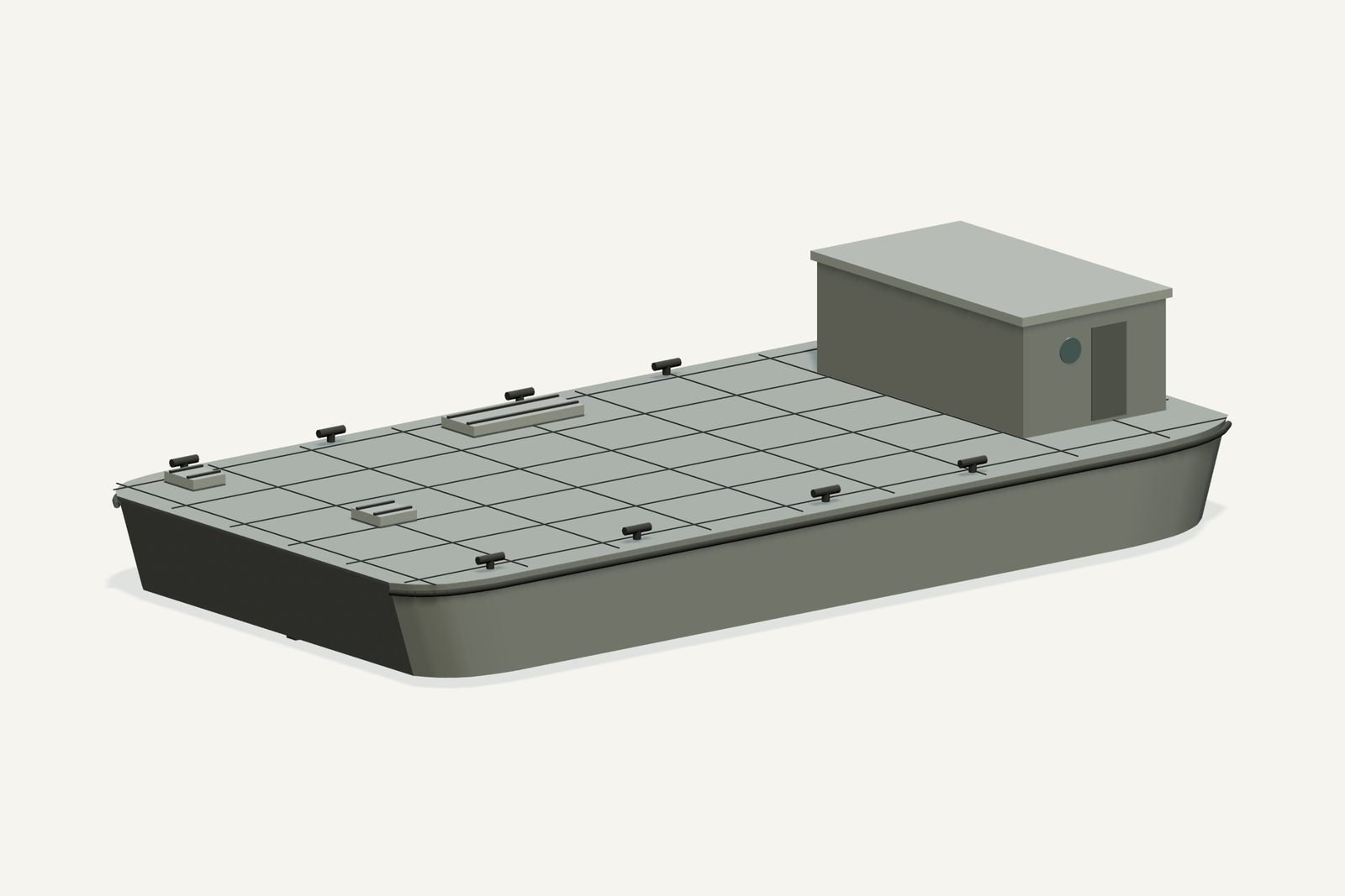 Steel barge aka Carbide Barge reconstruction, three quarter view, rendered from the 3D model