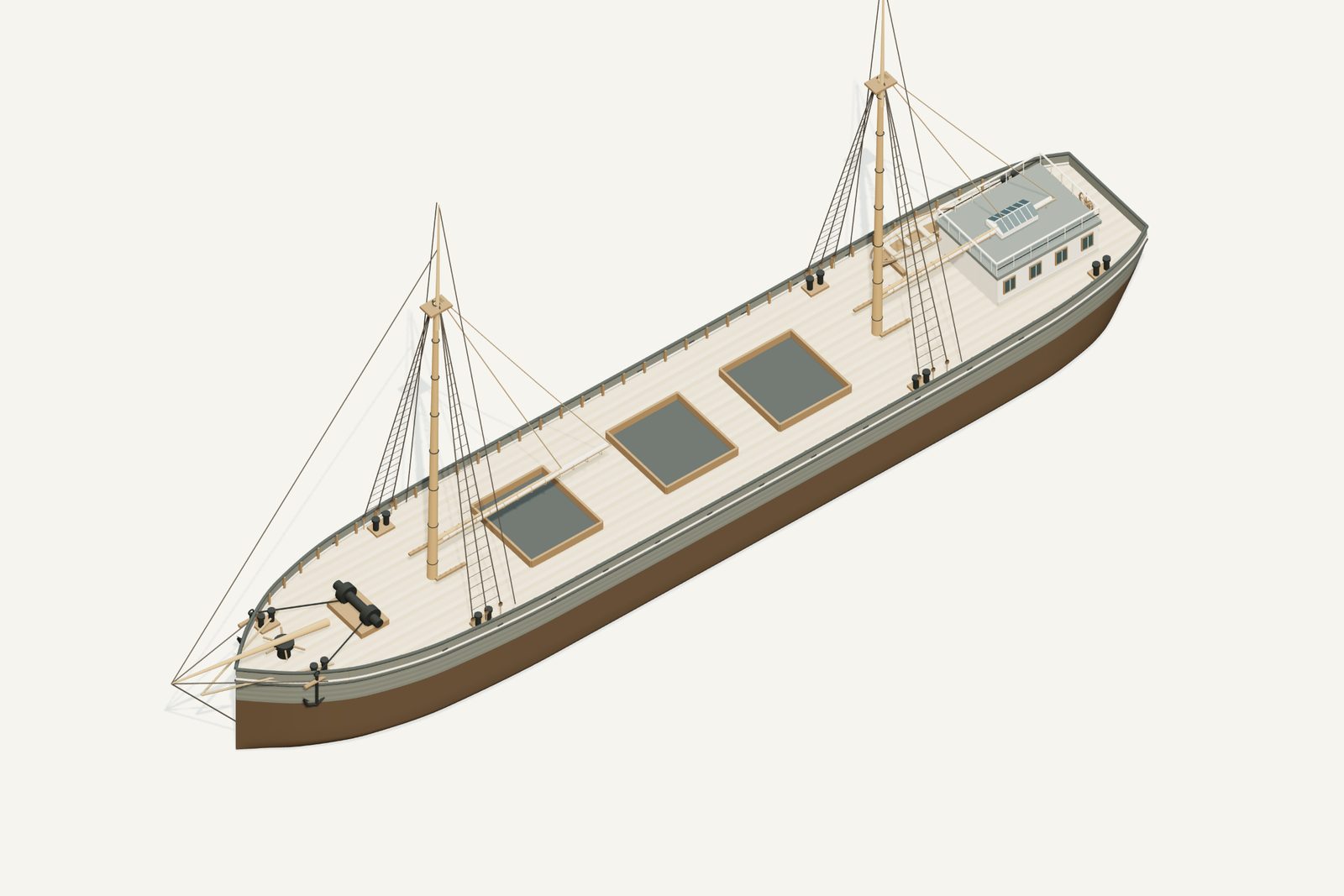 William A. Young (TB) reconstruction, deck view, rendered from the 3D model