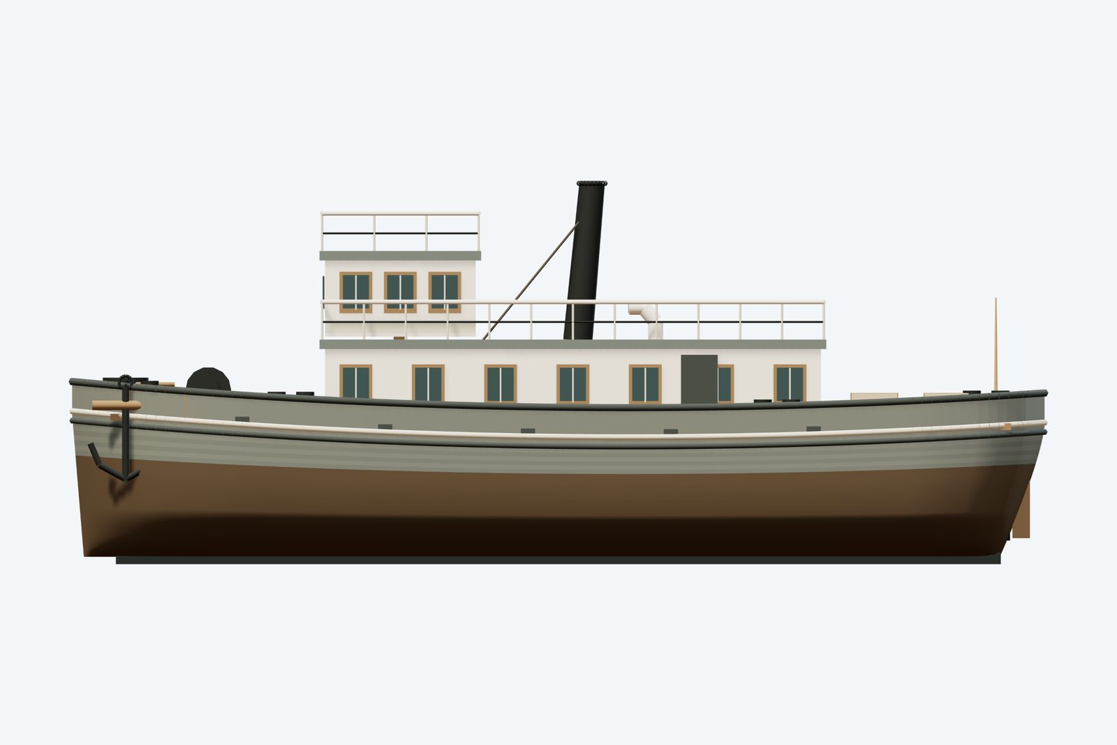 William Maxwell reconstruction, broadside view, rendered from the 3D model